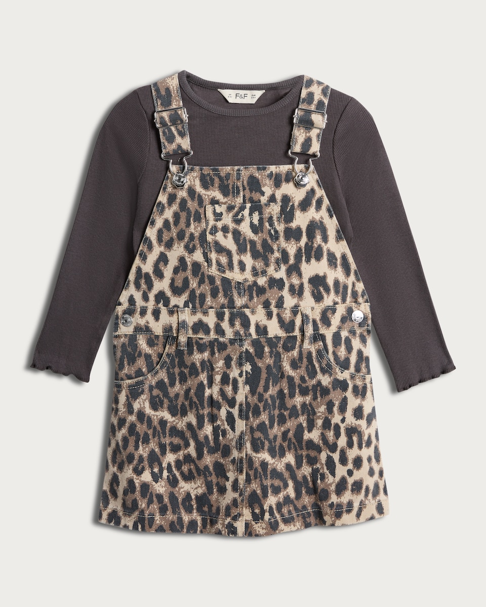 image 1 of F&F Girls 2-Piece Leopard Print Pinafore and Long Sleeved Top Set in Multi Brown