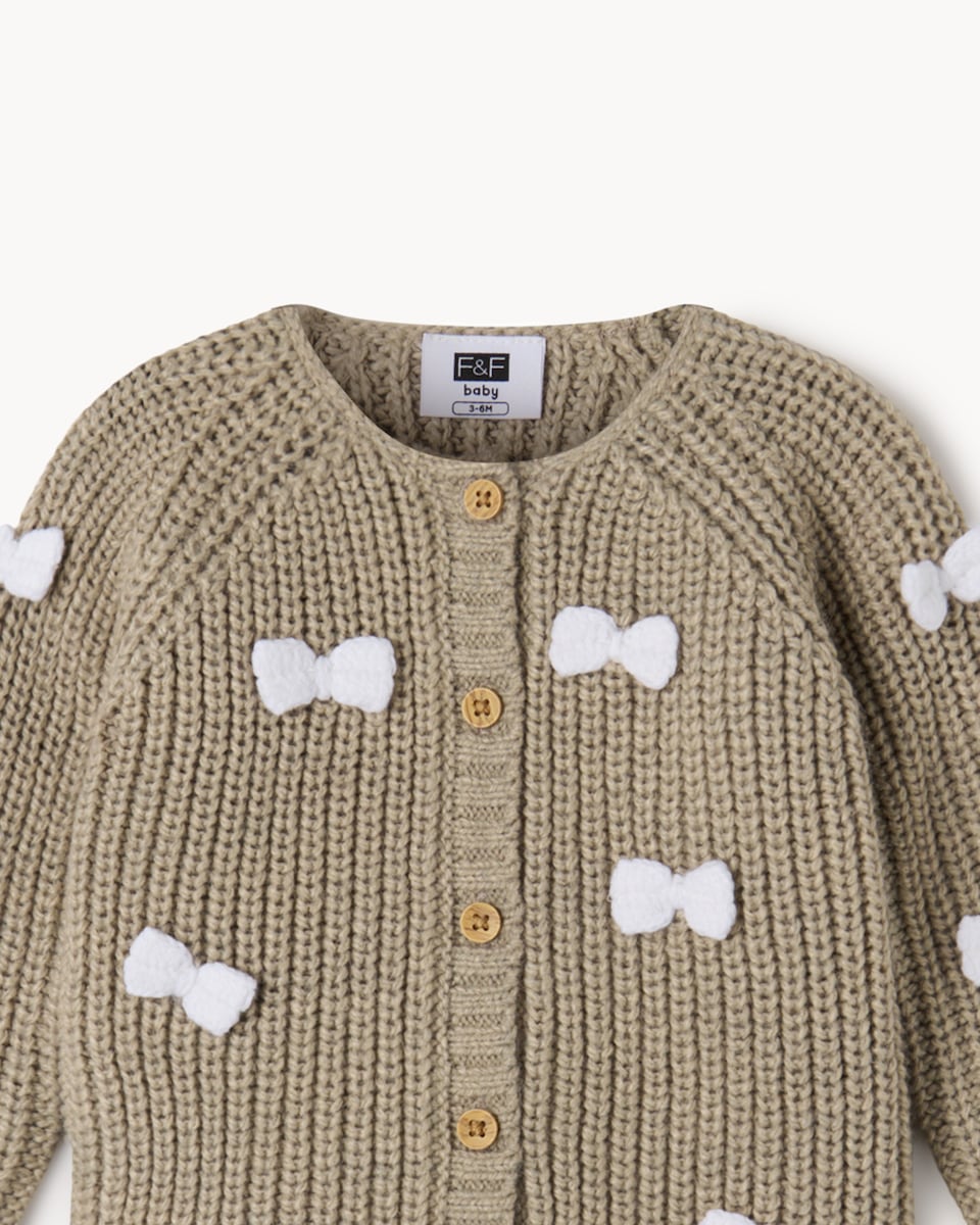 image 1 of F&F Baby Bow Cardigan and Trousers Set in Tan