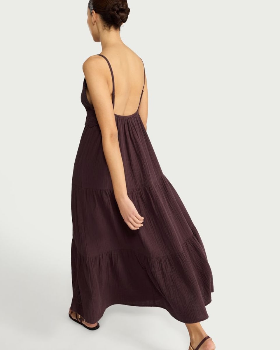 image 1 of F&F Pure Cotton Tiered Beach Dress in Burgundy