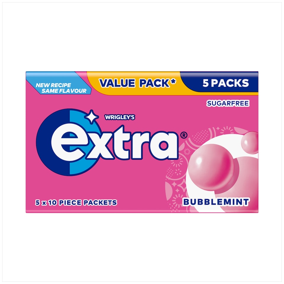 Wrigley's Extra White Bubblemint Sugarfree Chewing Gum 5 x 10 Pieces 70g
