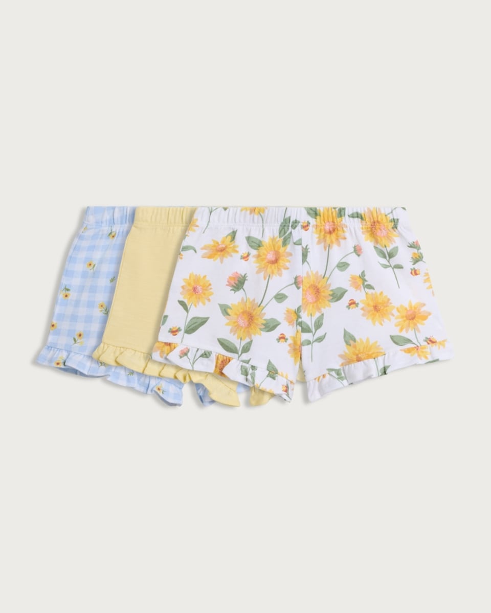 F&F Baby 3-Pack Pure Cotton Sunflower Ruffle Hem Shorts in Yellow