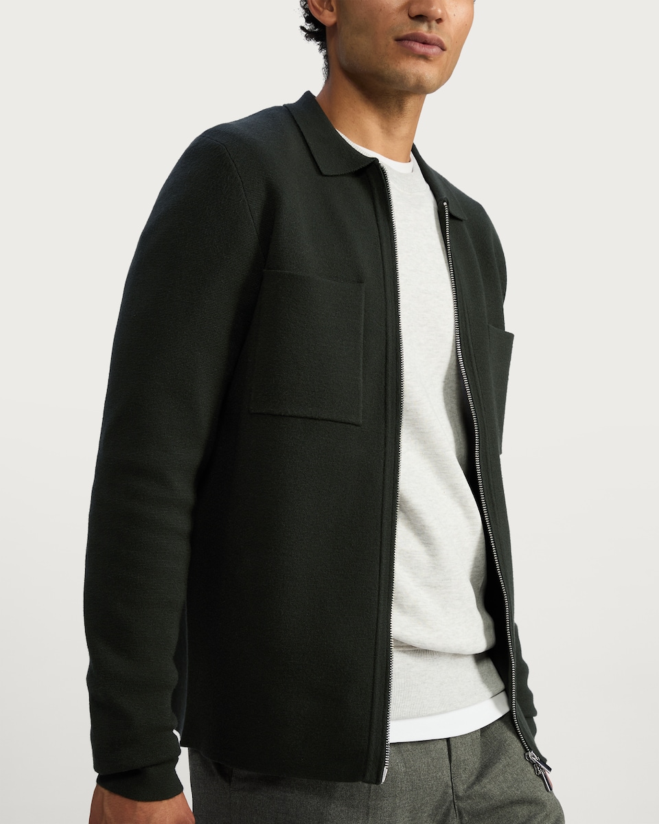 image 1 of The F&F Edit Knitted Pocket Front Zip Up Collared Jacket in Khaki