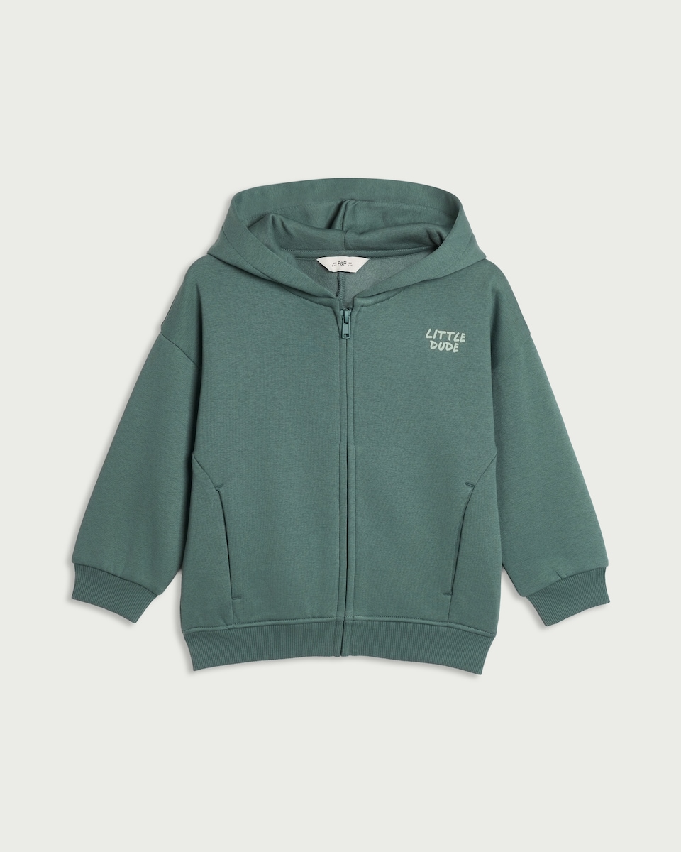 image 1 of F&F Boys Cotton Rich Little Dude Zip Through Hoodie in Teal