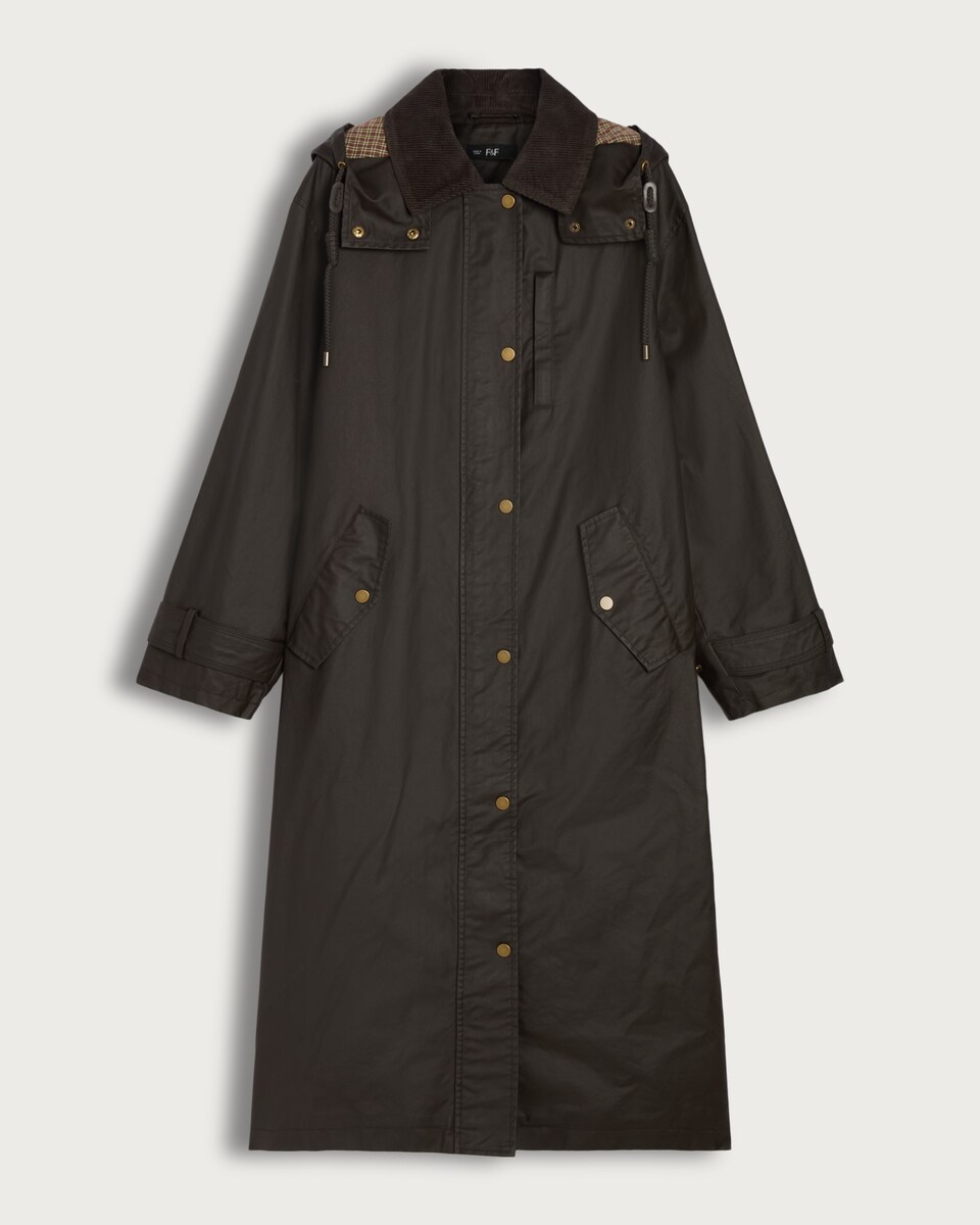 F&F Pure Cotton Waxed Collared Longline Coat in Brown
