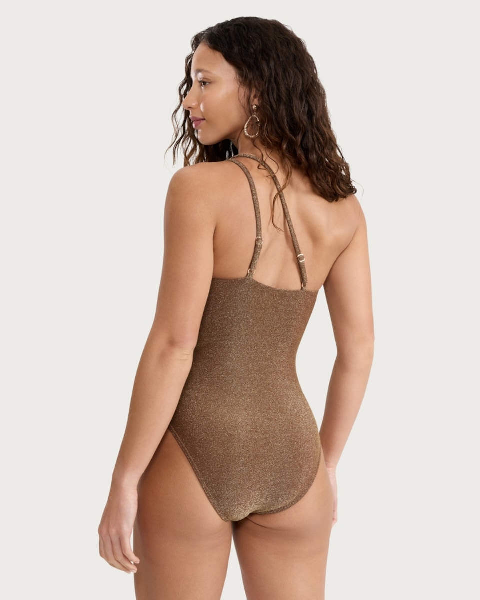 image 1 of F&F Metallic One Shoulder Swimsuit in Bronze