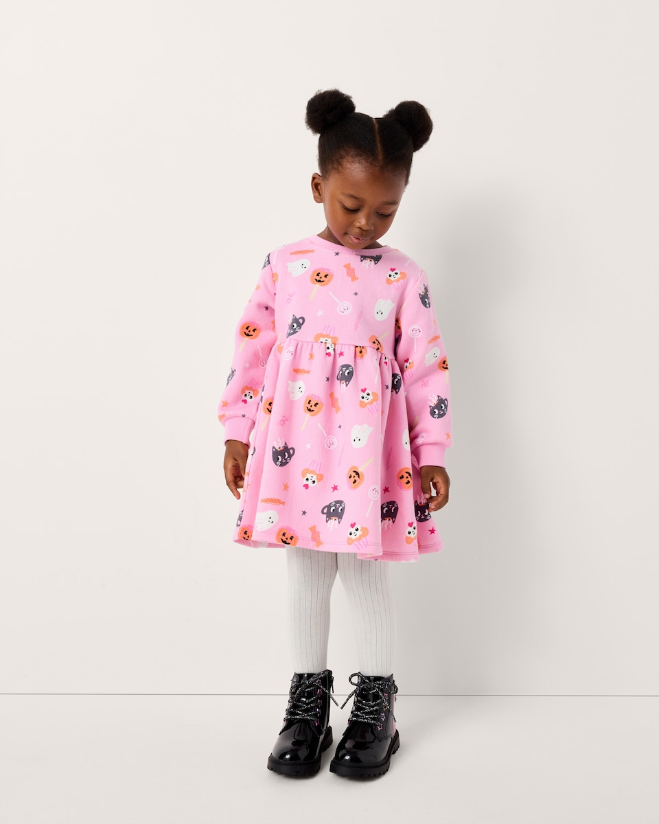 image 1 of F&F Girls Cotton Rich Halloween Print Sweat Dress in Multi Pink