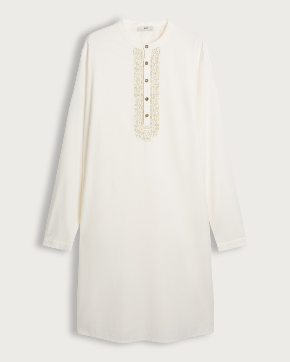 F&F Cotton Blend Embroidered Longline Kurta Shirt in Cream