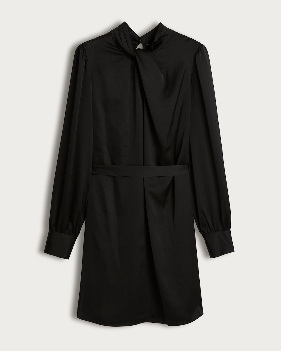 image 1 of F&F Faux Satin Tie Neck Mini Dress in Black