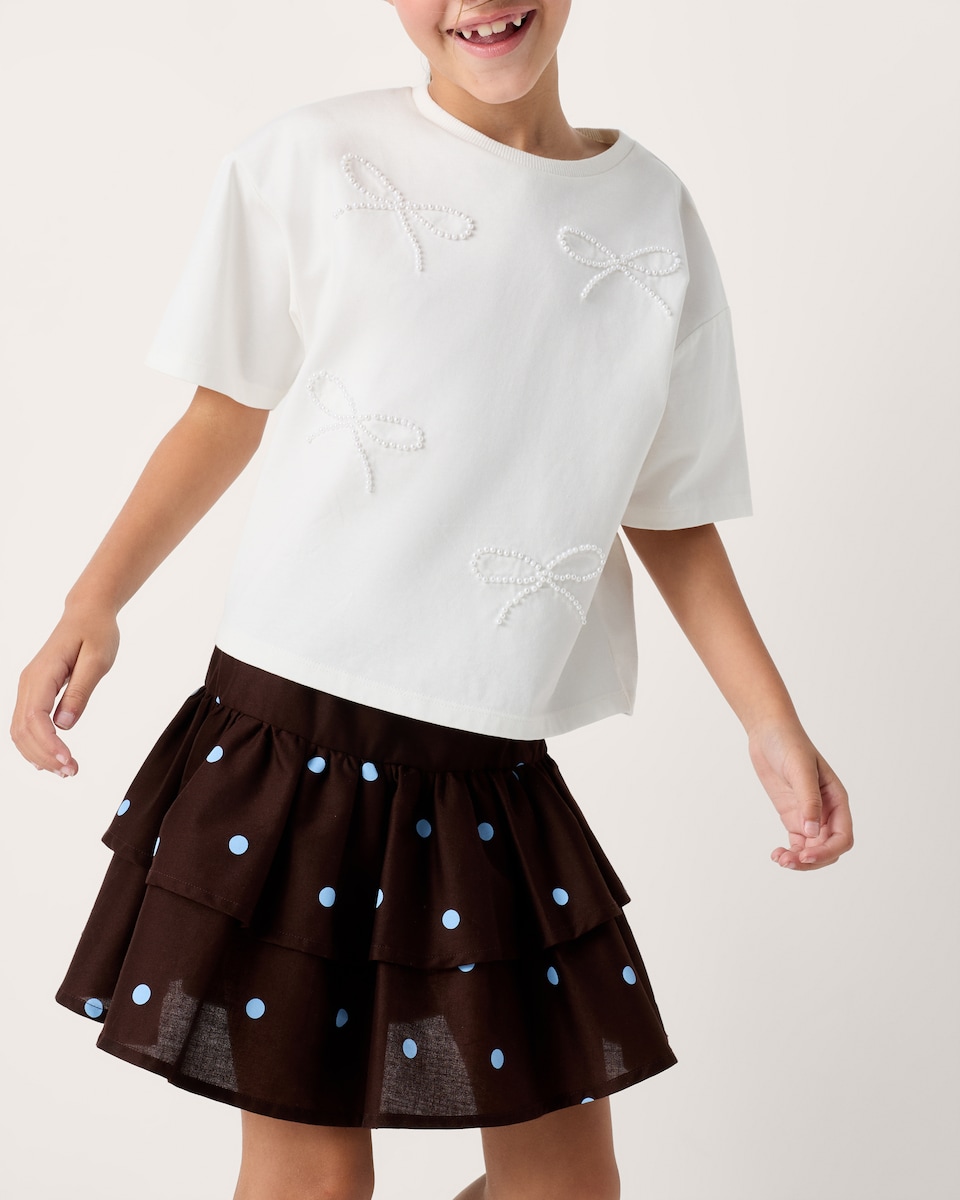 image 1 of F&F Girls Pure Cotton Polka Dot Tiered Skirt in Brown