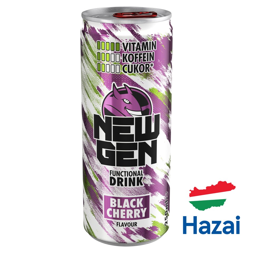 New Gen fekete cseresznye- és tuttifruttiízű, koffeintartalmú, szénsavas, alkoholmentes ital 250 ml