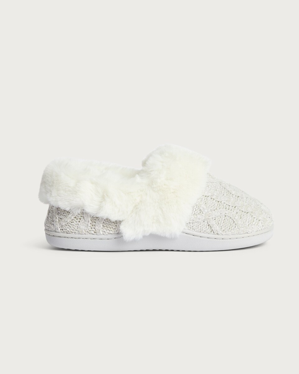 image 1 of F&F Cable Knit Faux Fur Lined Slippers in Grey