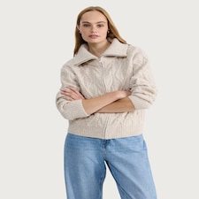 F&F Cable Knit Zip Front Cardigan with Wool in Cream