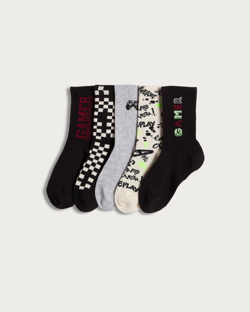 F&F Boys 5-Pack Cotton Rich Gamer Print Ankle Socks in Multi