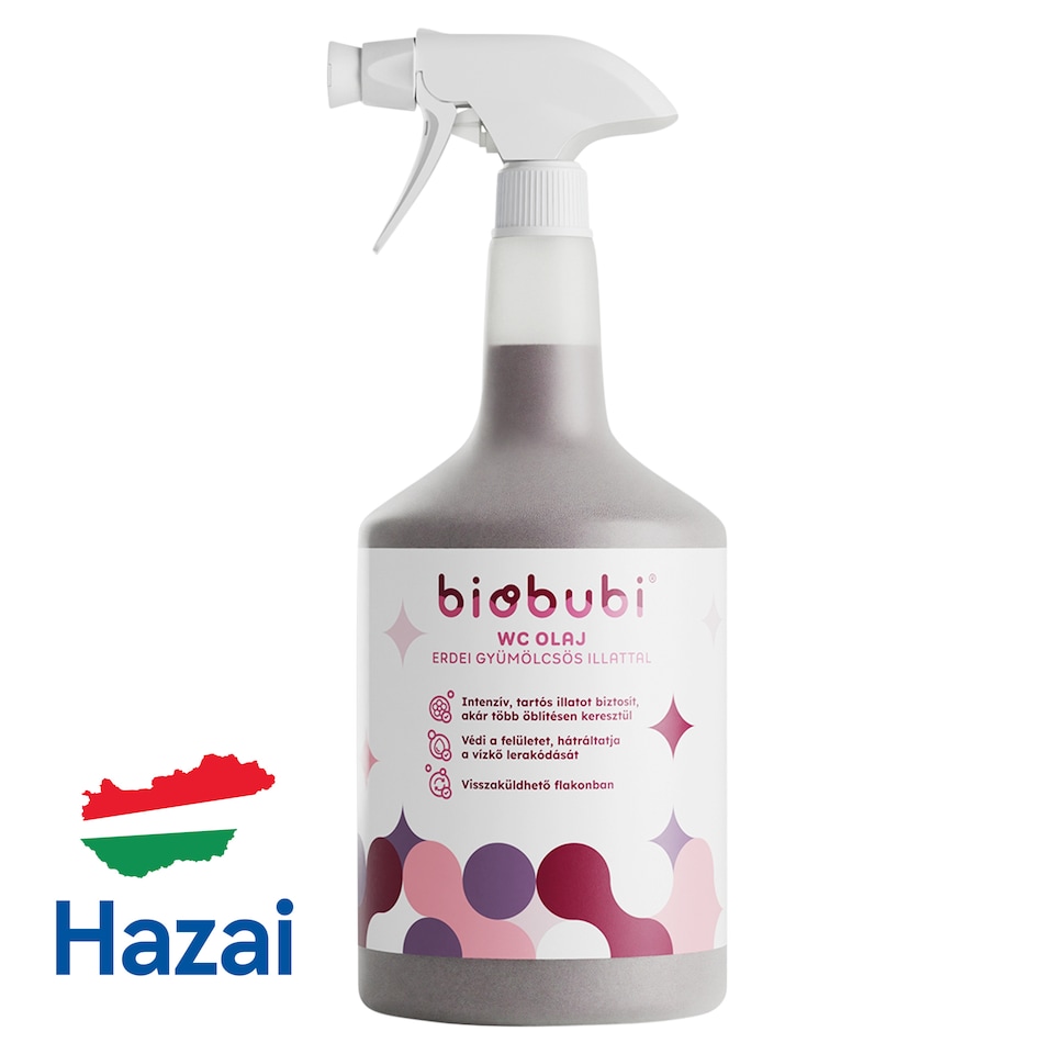 Biobubi WC olaj 750 ml, erdei gyümölcsös illattal, visszaküldhető flakonban.