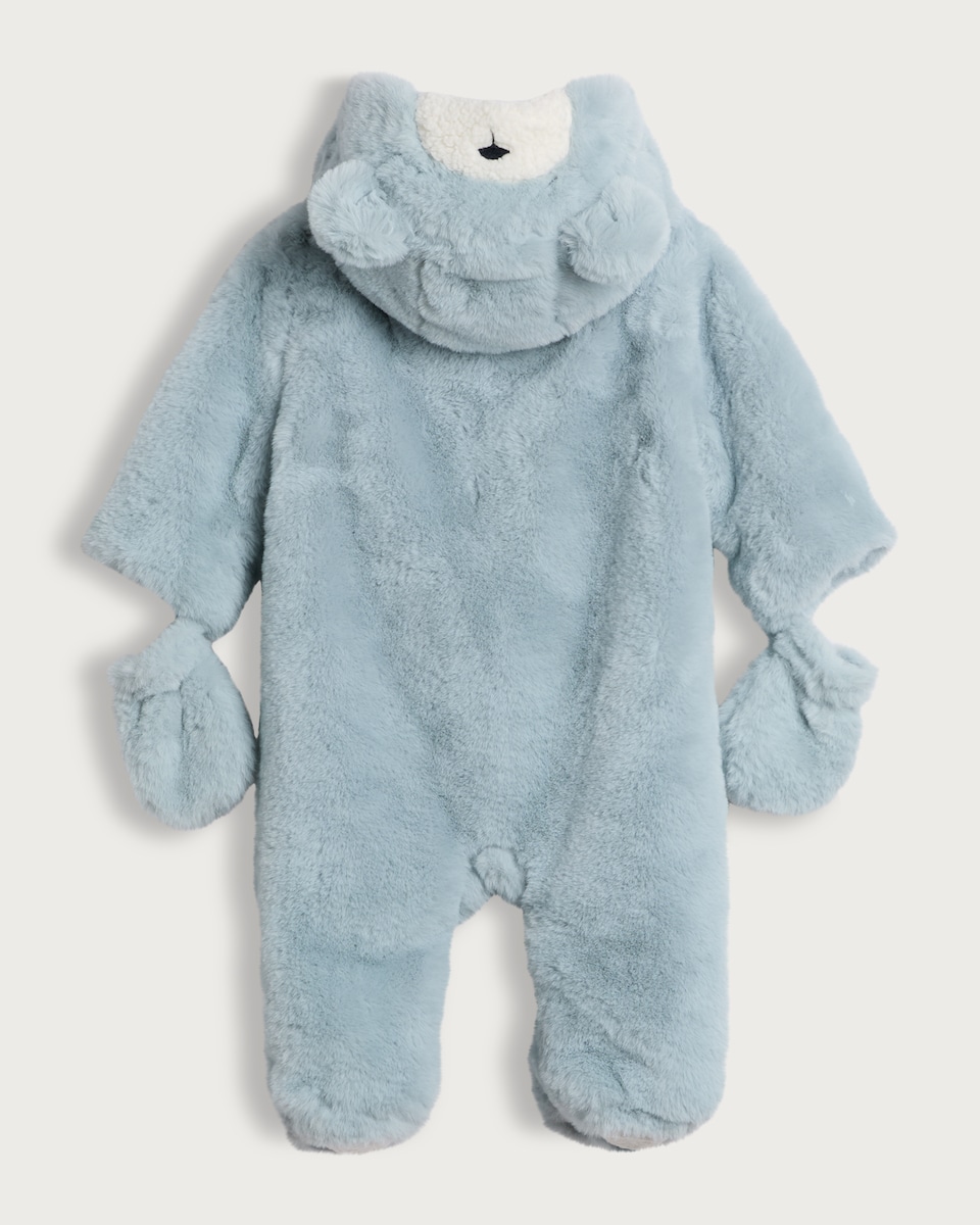 image 1 of F&F Baby Fleece Bear Detail Hooded All-In-One in Multi Blue