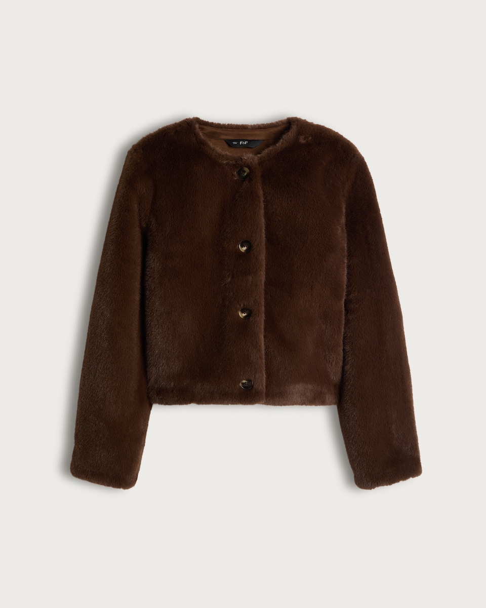 image 1 of F&F Faux Fur Cropped Buttoned Jacket in Brown