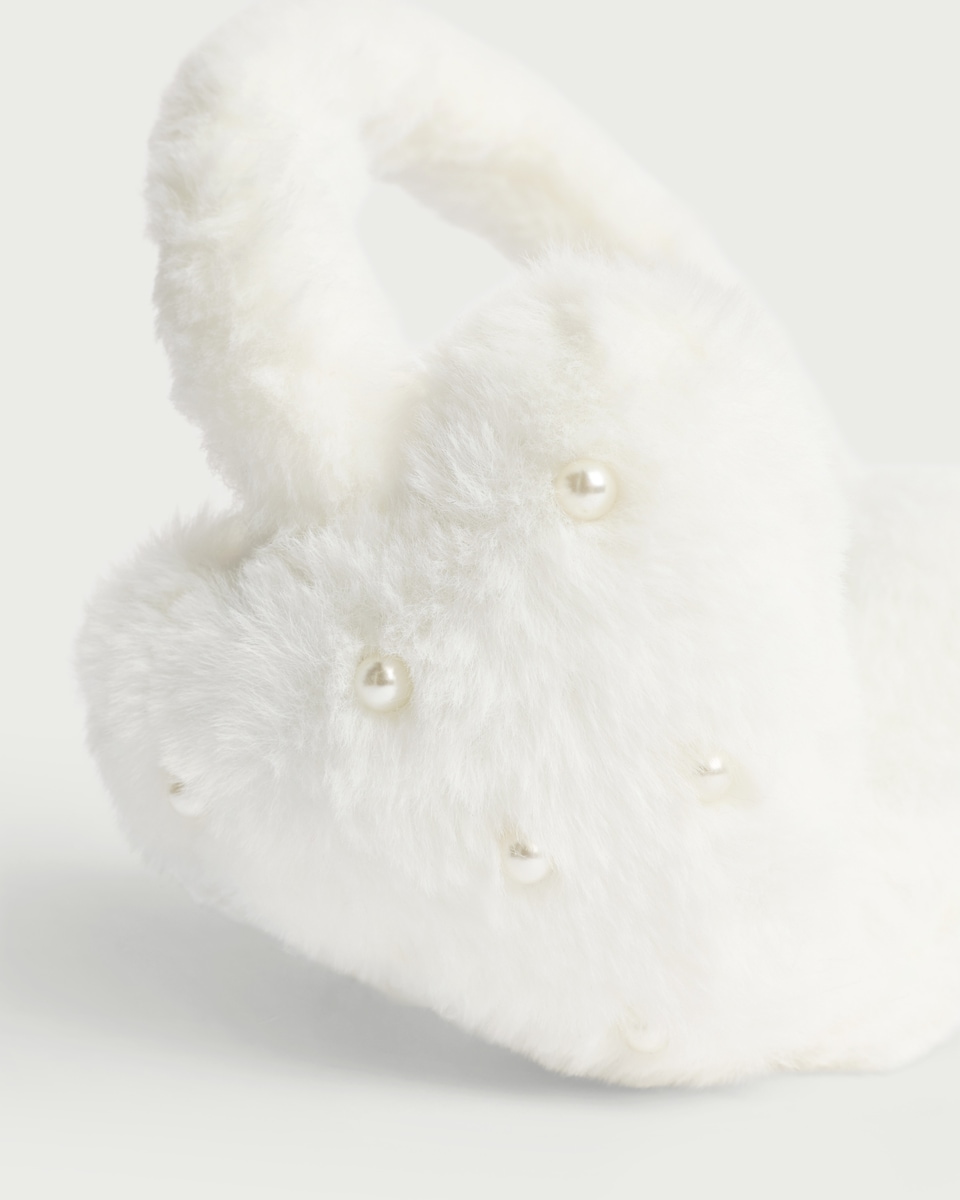 image 1 of F&F Faux Fur Heart Earmuffs in Cream