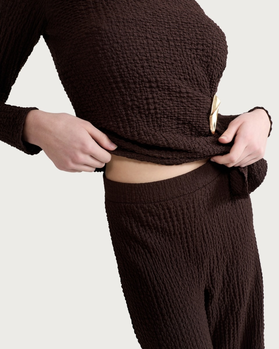 image 1 of F&F Crinkle Textured Wide Leg Trousers in Chocolate