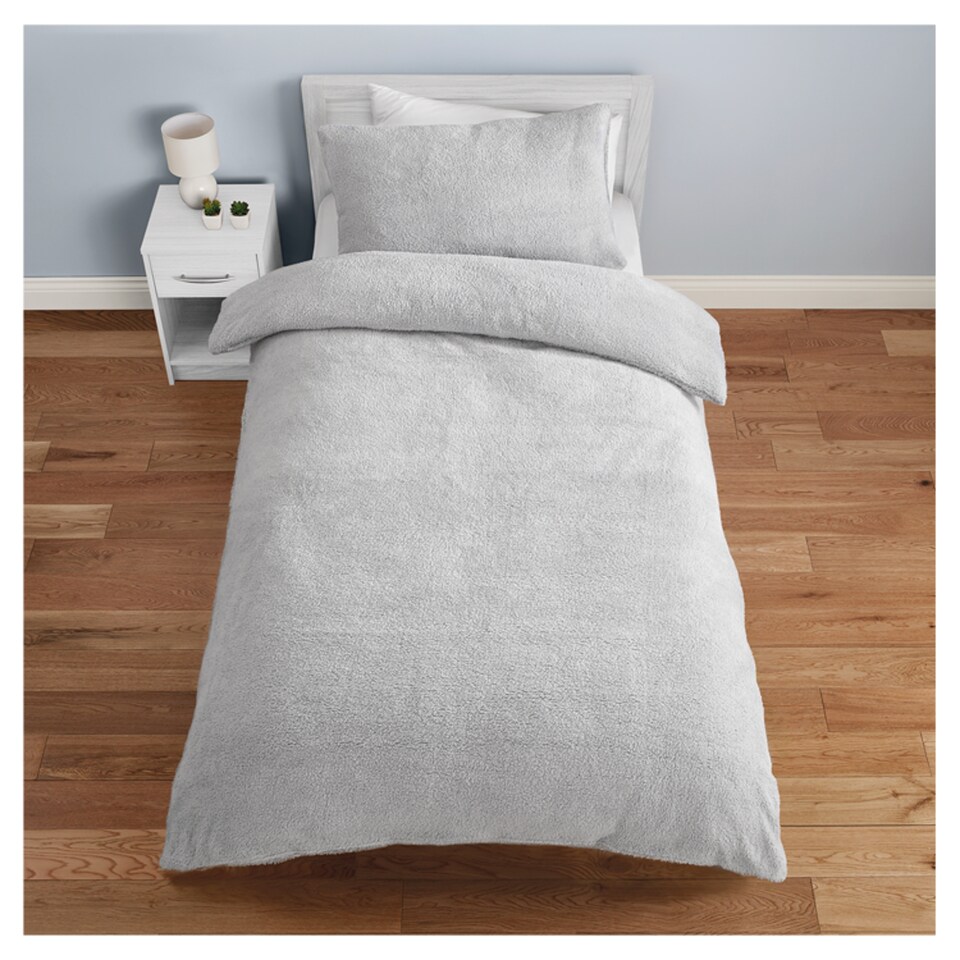 Tesco Silver Teddy Fleece Duvet Set Single