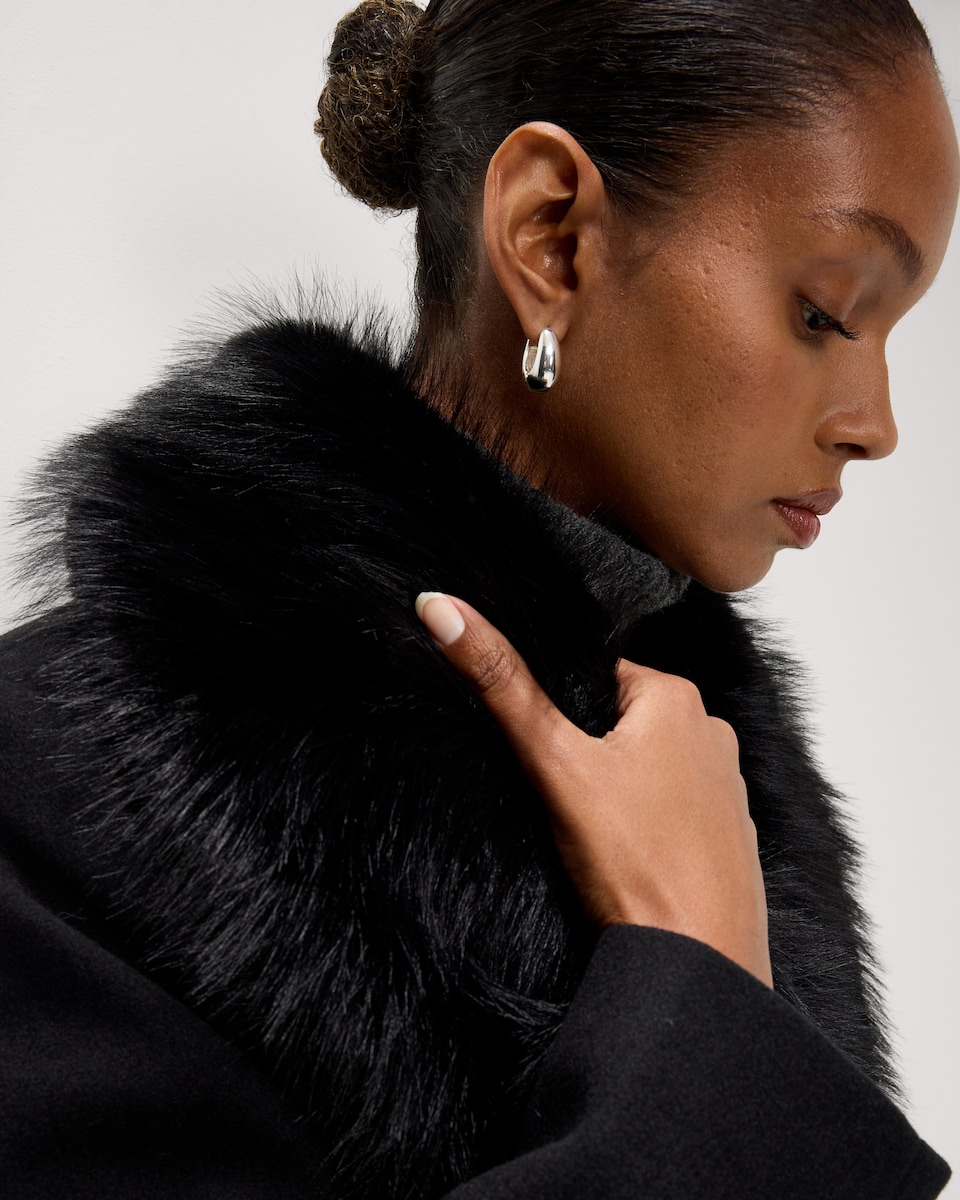 image 1 of F&F Faux Fur Collared Belted Coat in Black
