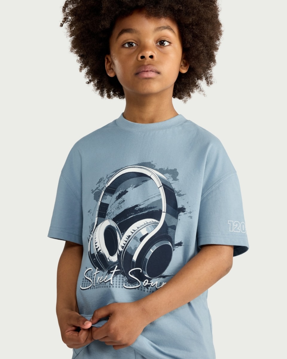 image 1 of F&F Boys 2-Piece Pure Cotton Headphone T-Shirt and Shorts Set in Blue