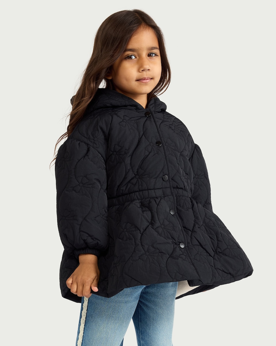 image 1 of F&F Girls Quilted Shower Resistant Coat in Black