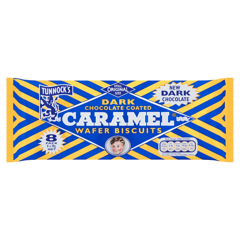 image 1 of Tunnocks Dark Chocolate Coated Caramel Wafer Biscuits Multipack, 8 Pack 248g
