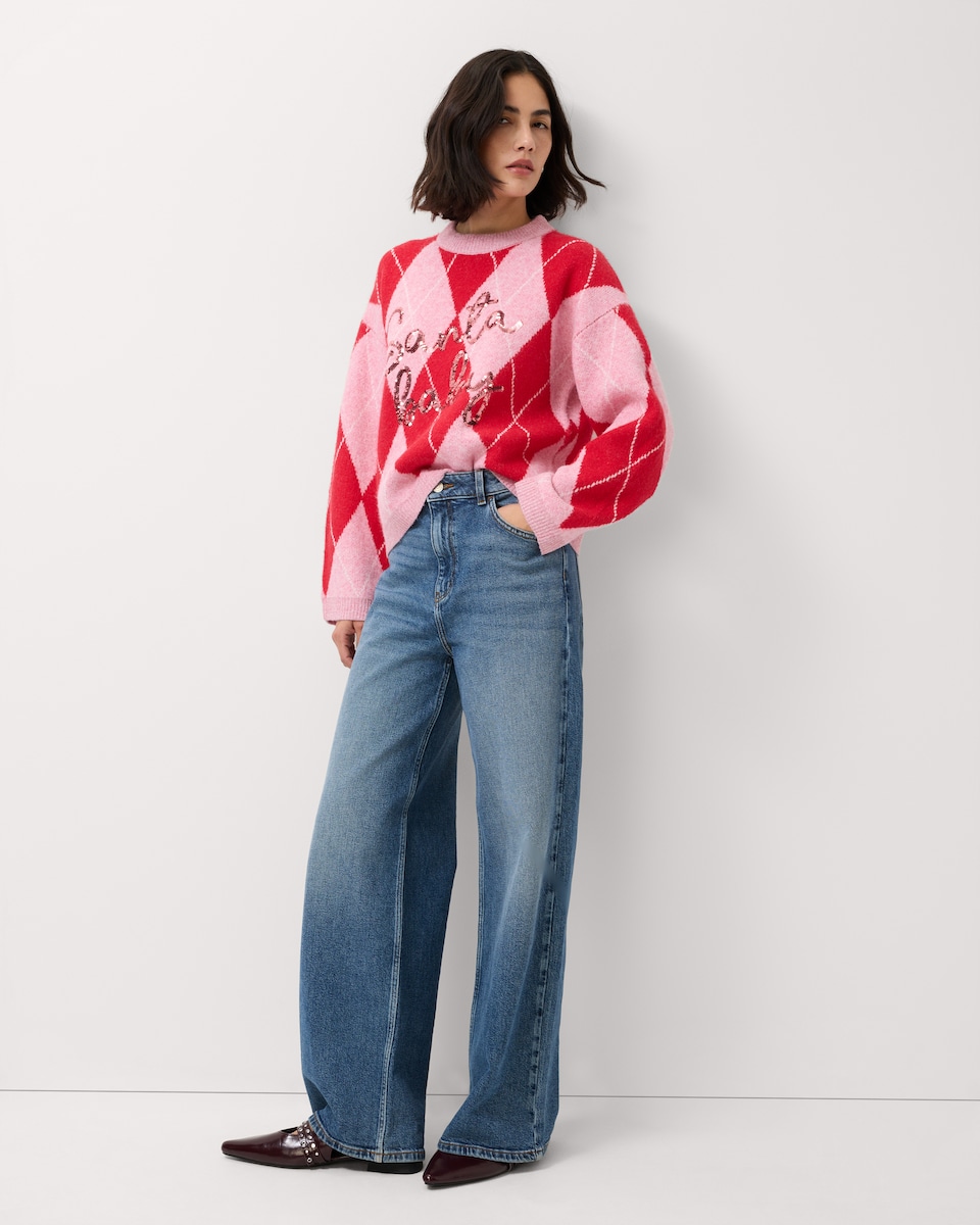 image 1 of Christmas Argyle Sequin Jumper in Pink