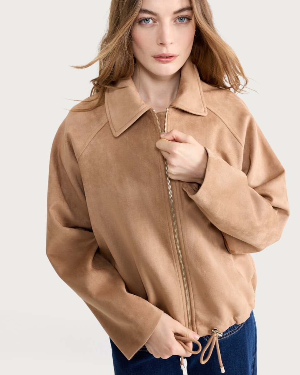 image 1 of F&F Faux Suede Zip Up Drawstring Jacket in Brown