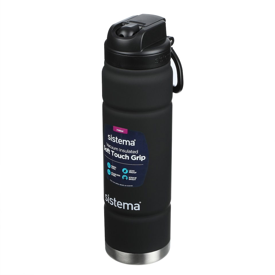 image 1 of Sistema Blue Lagoon and Black Soft Touch Grip Water Bottle 709ml Assorted
