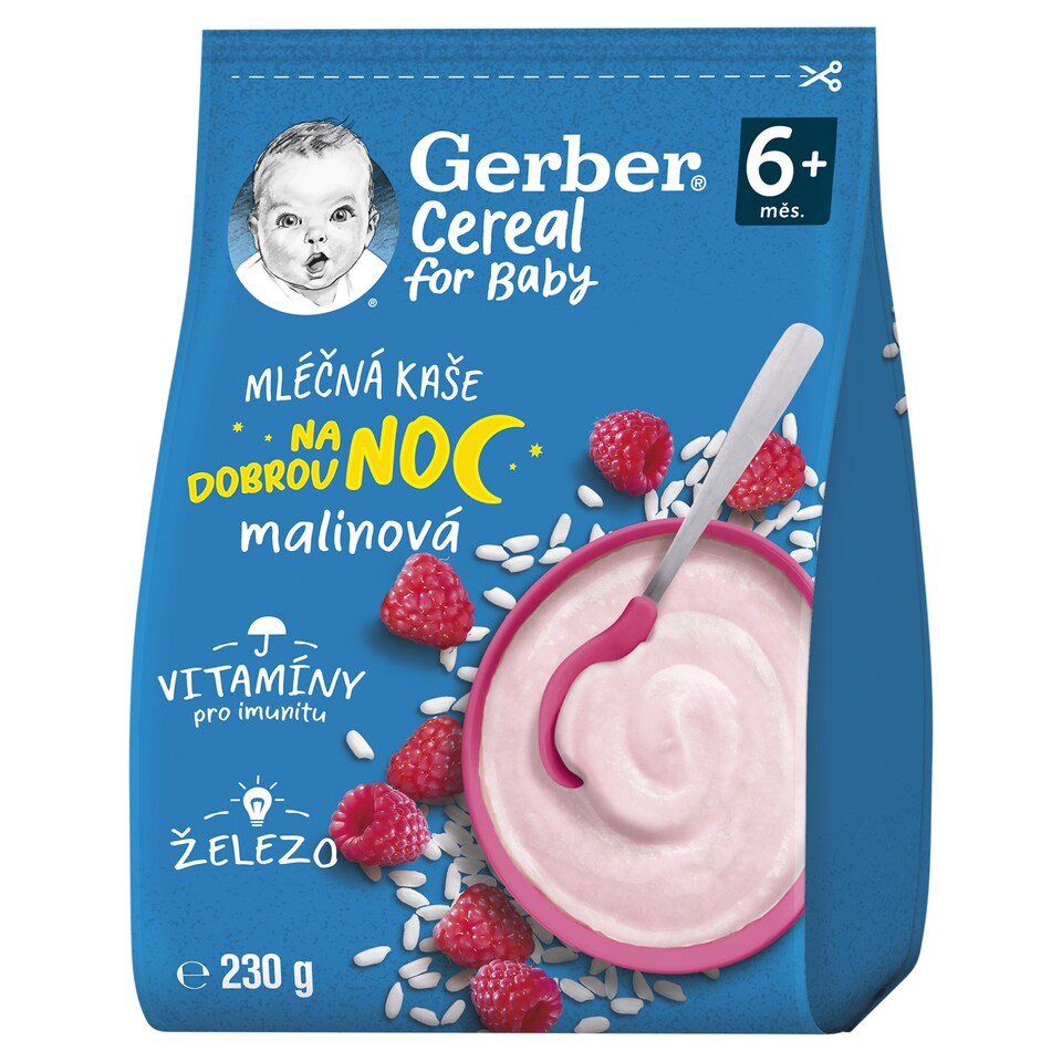 obrázok 1 z GERBER Cereal mliečna kaša malinová Dobrú noc 230 g