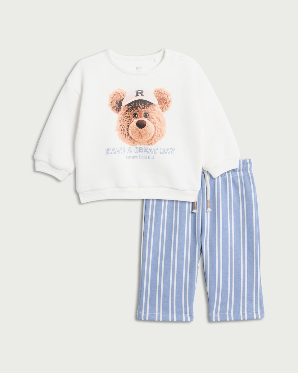 image 1 of F&F Baby 2-Piece Cotton Rich Bear Set in Cream