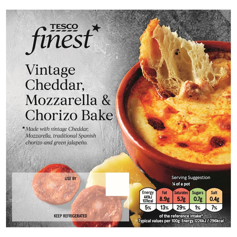 Tesco Finest Cheddar Mozzarella & Chorizo Bake 150G