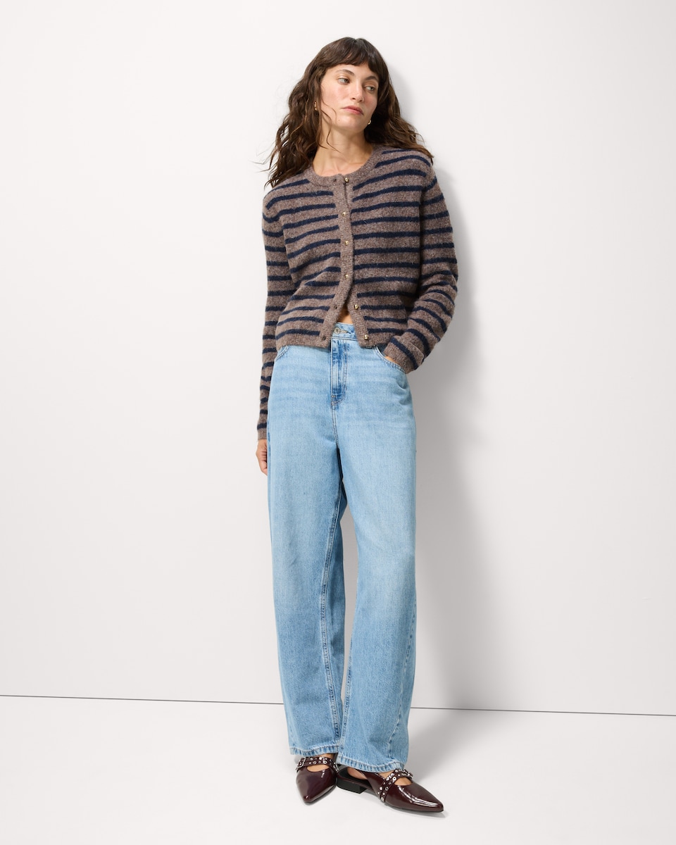image 1 of F&F Striped Button Up Cardigan in Navy
