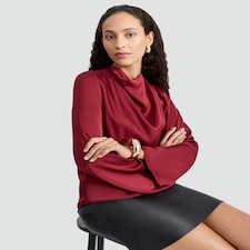 F&F Faux Satin Draped Cowl Neck Blouse in Red