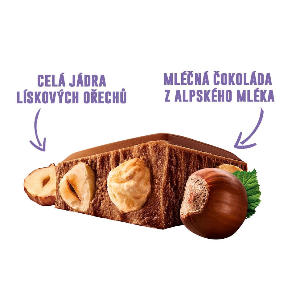 Obrázek 1 pro produkt Milka Wholenut mléčná čokoláda z alpského mléka s celými jádry lískových ořechů 250 g