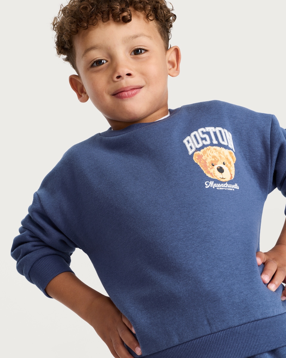 image 1 of F&F Boys 2-Piece Cotton Rich Boston Bear Sweatshirt and Joggers Set in Navy