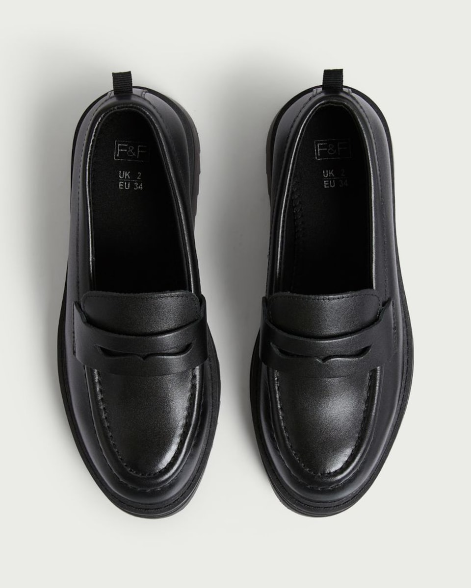image 1 of F&F School Girls Leather Chunky Sole Loafers in Black