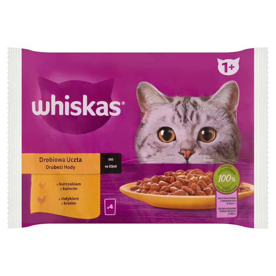 Whiskas 1+ Baromfi Lakomák teljes értékű nedves eledel felnőtt macskáknak 4 x 85 g (340 g)  1. kép