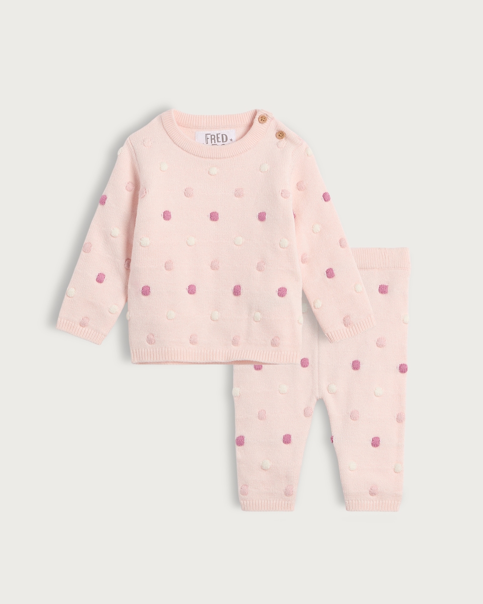 image 1 of F&F Baby 2-Piece Knitted Polka Dot Jumper and Leggings Set in Pink