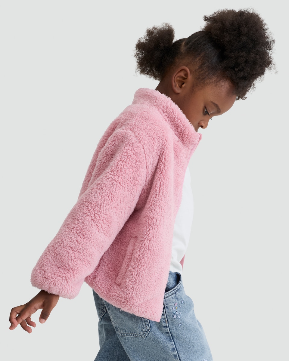 image 1 of F&F Girls Fleece Pocket Front Zip Up Jacket in Pink
