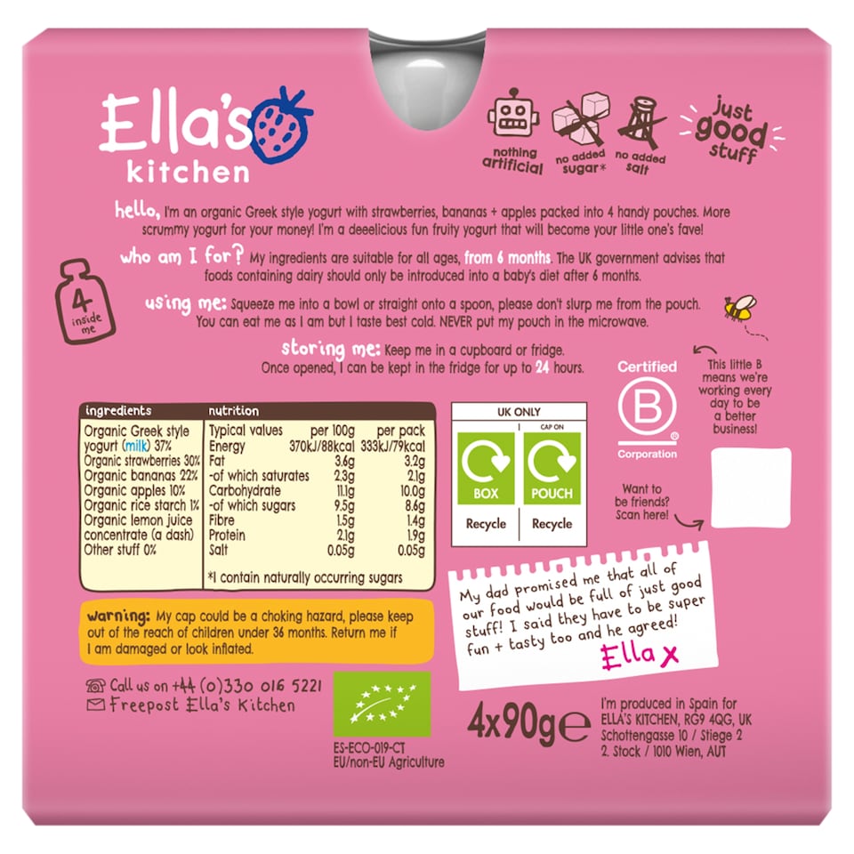 image 1 of Ella's Kitchen Organic Greek style strawberry yogurt 4x90g