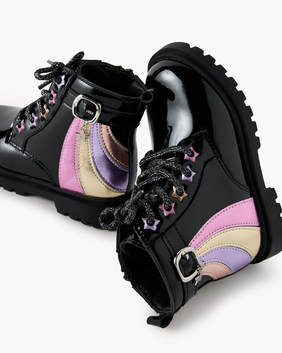image 1 of F&F Girls Rainbow Lace Up Boots in Black