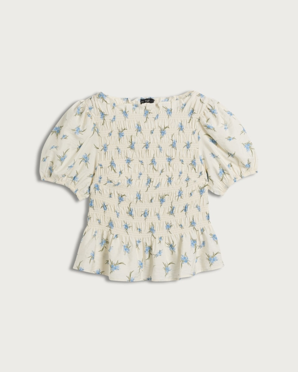 image 1 of F&F Floral Print Shirred Peplum Hem Blouse in Multi Blue