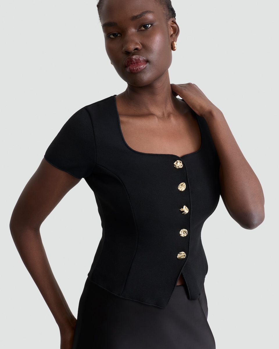 image 1 of F&F Square Neck Buttoned Short Sleeved Top in Black