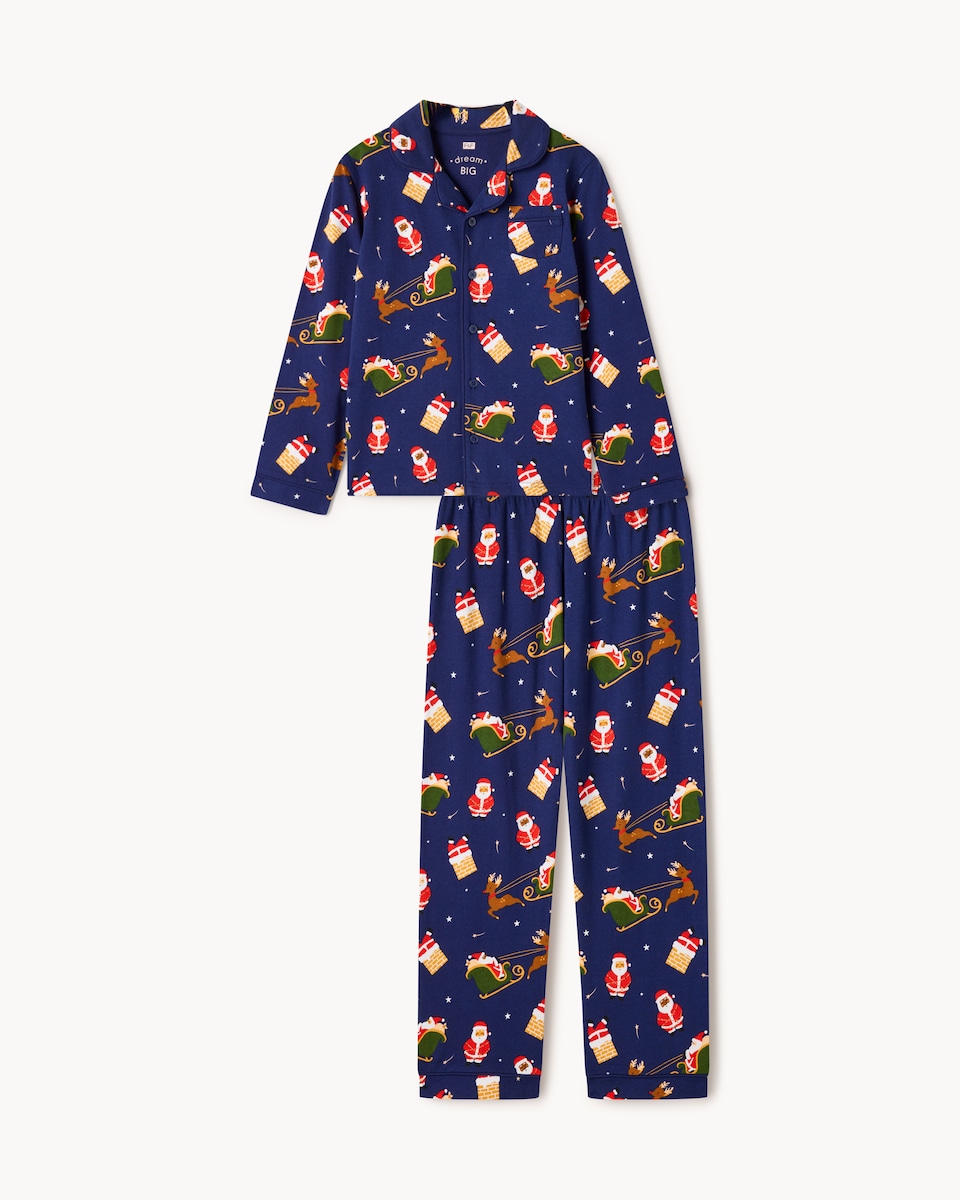 image 1 of F&F x March Muses Pure Cotton Santa Revere Pyjama Set in Navy