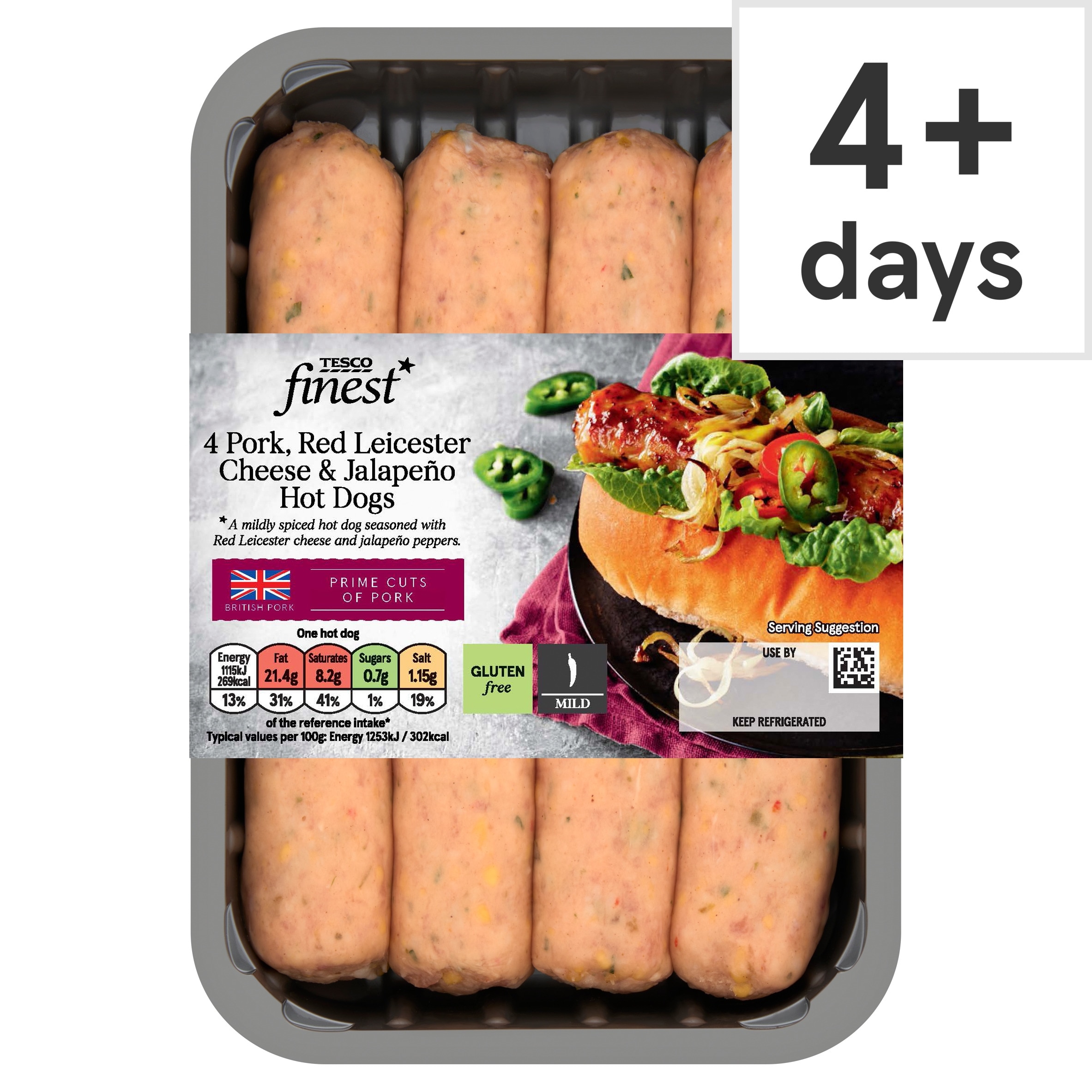 Tesco Finest 4 Pork Cheese & Jalapeno Hot Dogs 400G