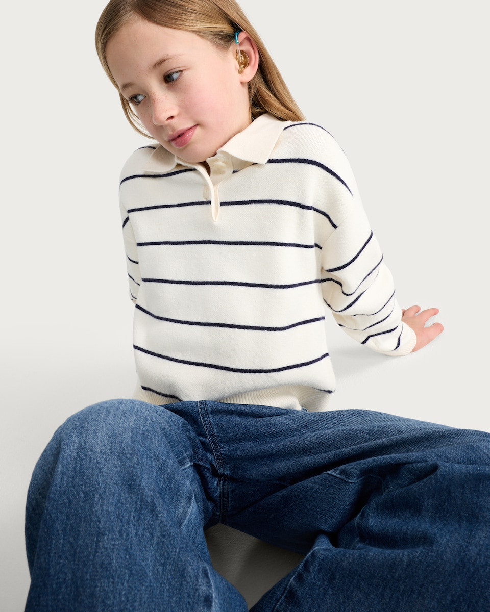 image 1 of F&F Girls Stripe Print Collared Jumper in Cream