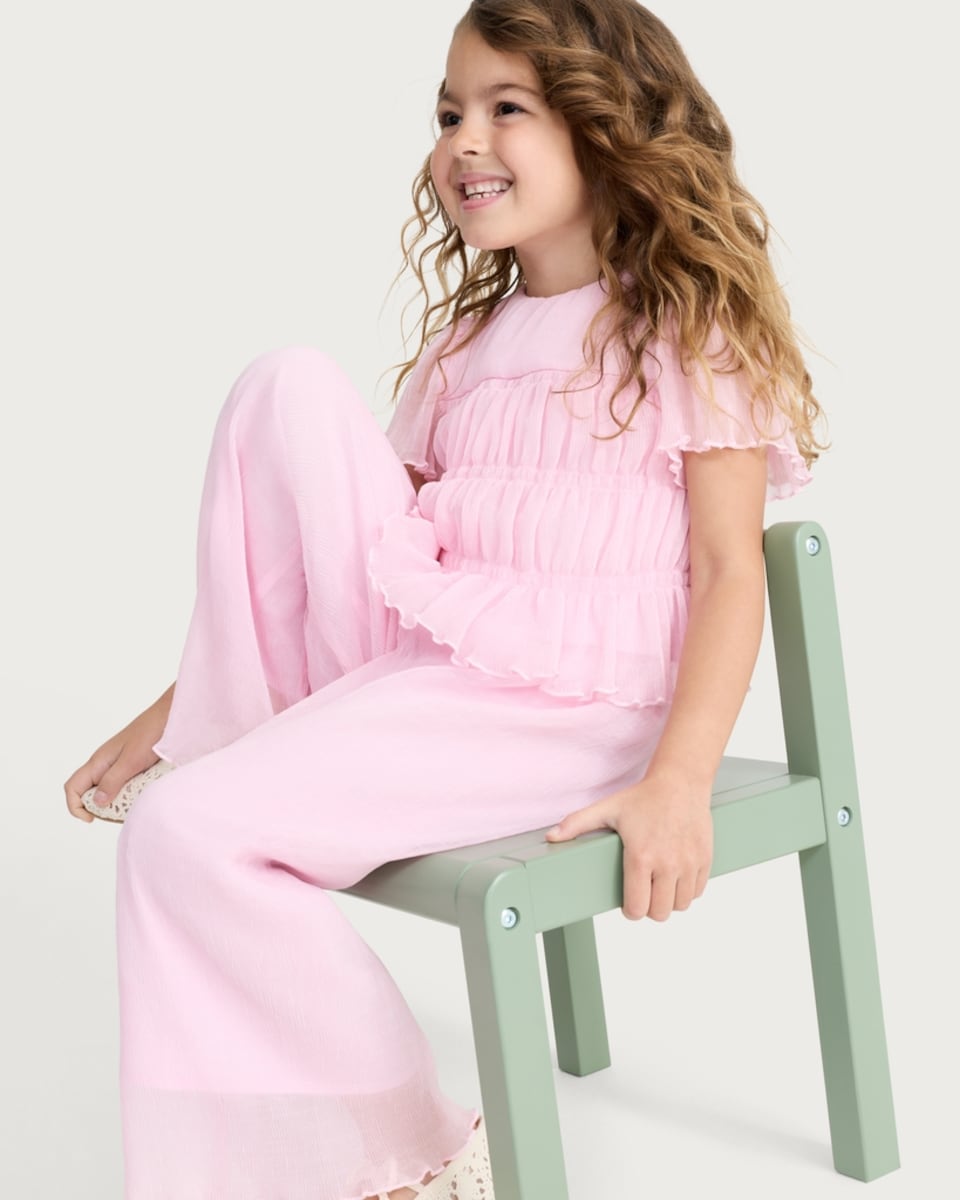image 1 of F&F Girls 2-Piece Frill Trim Top and Trousers Set in Pink