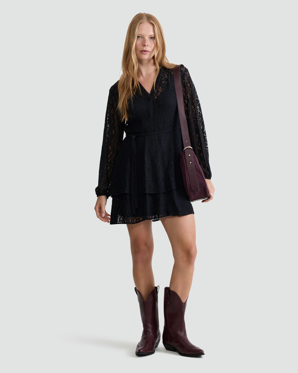 image 1 of F&F Lace Tiered V Neck Mini Dress in Black